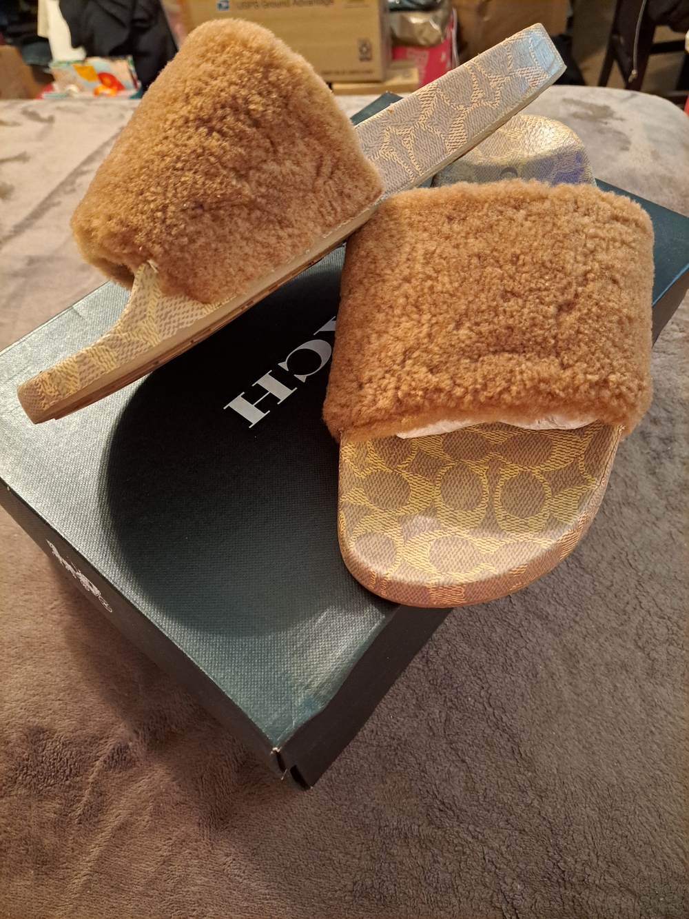 Coach Chestnut Brown Fuzzy Slide Sandals with Signature Monogram